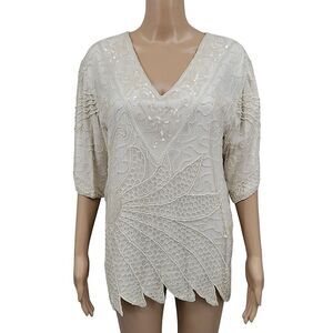 Mark and John Vintage Elegant Off White Silk Beaded Women's Top Blouse 80s